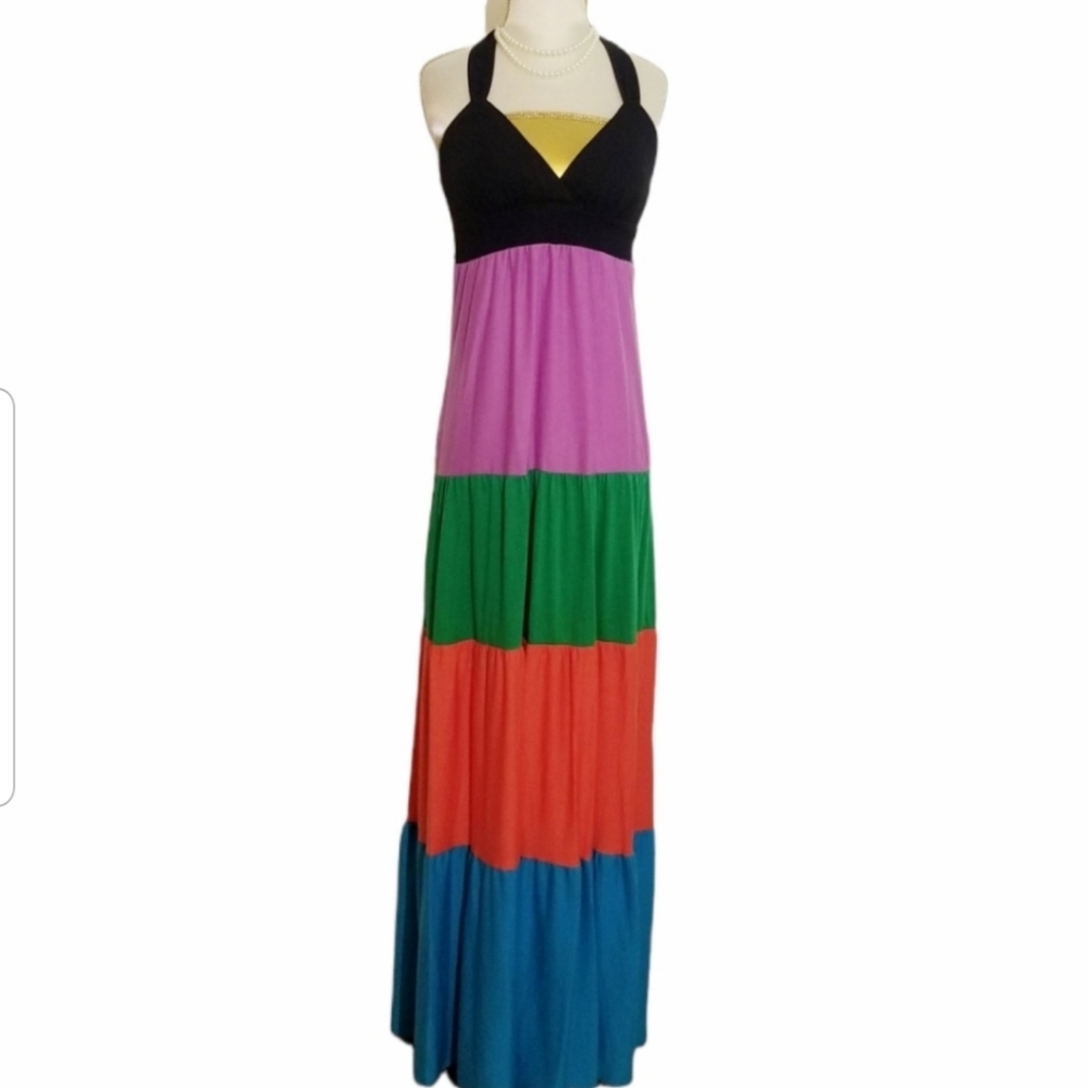 Boho Colorblock Open-Back Haltered Maxi Dress - image 1